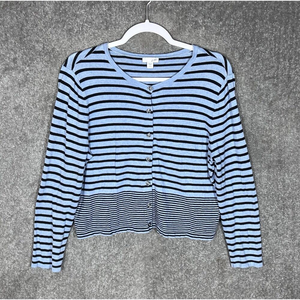 J Jill Cardigan Sweater Womens Size Large Petite Blue Striped Button Up